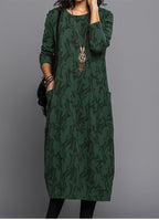 Robe Midi à Manches Longues pour Femmes avec Poches Imprimé d'Été Décontracté Confortable Ajustement Relaxé