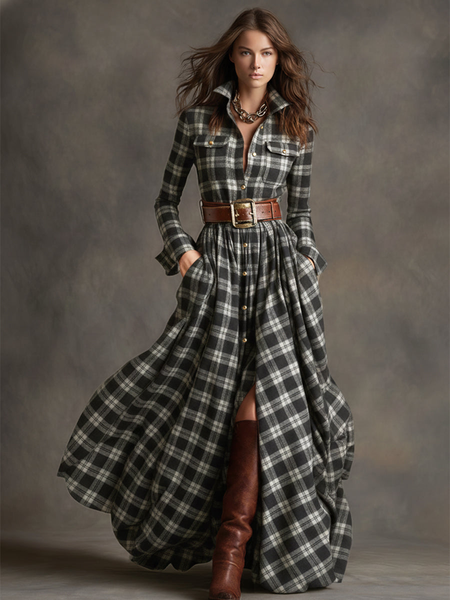 Robe longue décontractée à carreaux ethniques rétro pour femmes avec col, ceinture et manches longues – Marron rougeâtre