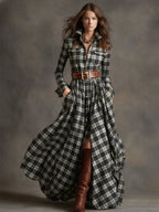 Robe longue décontractée à carreaux ethniques rétro pour femmes avec col, ceinture et manches longues – Marron rougeâtre