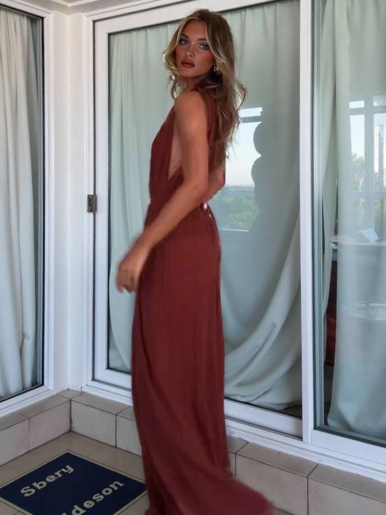 Mono largo para mujer con espalda descubierta, escote en V profundo, cintura alta, lazo burdeos, para fiesta, vacaciones, casual, chic y elegante – Vinhalia
