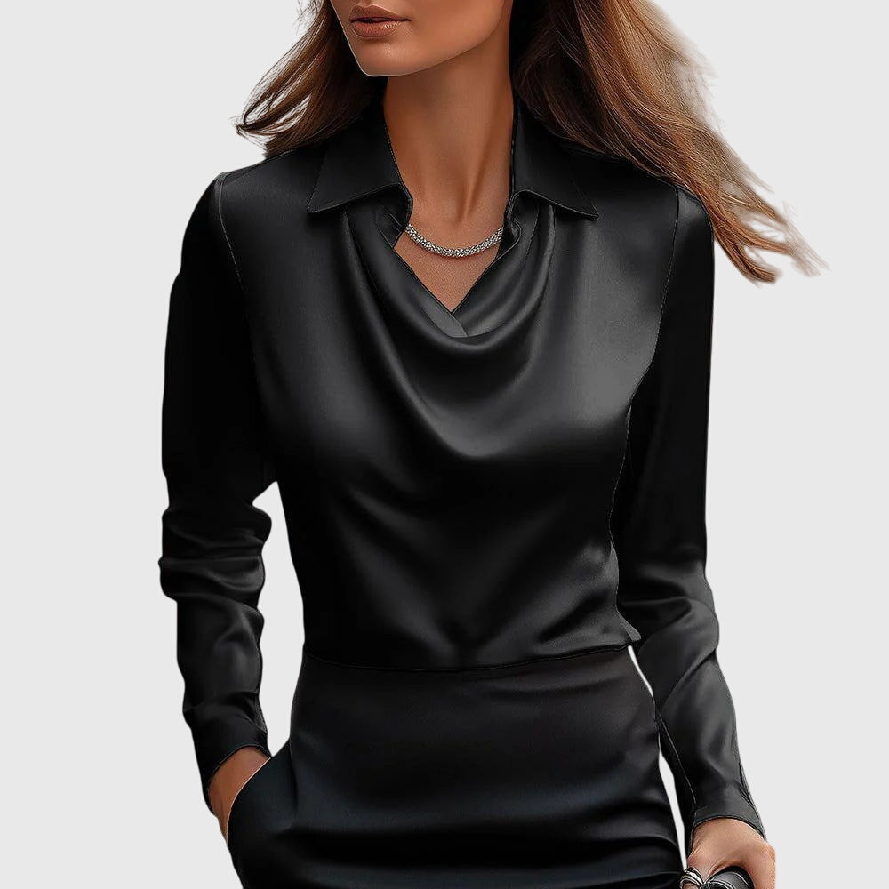 Blouse Élégante en Satin pour Femme Col Drapé à Manches Longues Brillance Luxe Coupe Fluide Chic Décontracté – Brooklyn