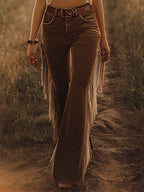 Jeans Évasés Vintage Western Pour Femmes Avec Franges – Marron
