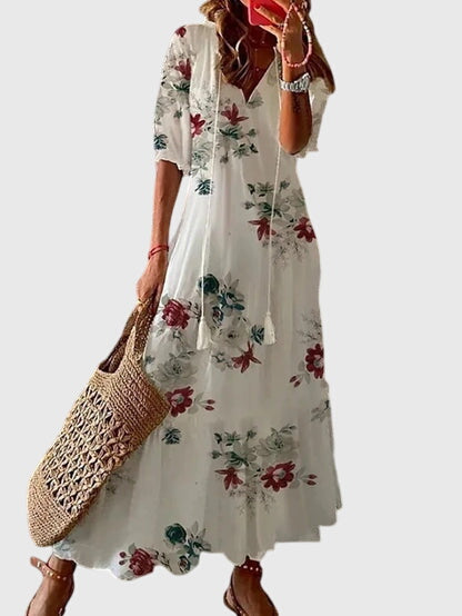 Robe Midi d'Été Vintage Boho pour Femmes Imprimé Floral à Manches Courtes Décontractée Féminine Chic – Amalia
