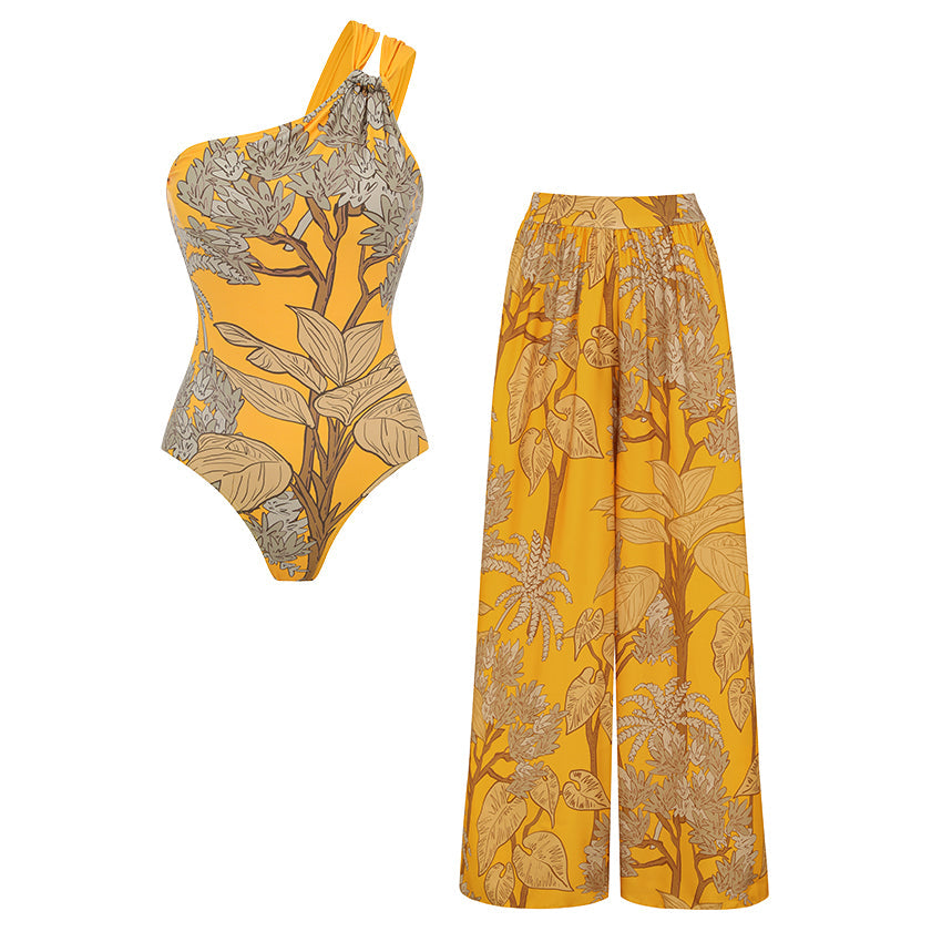 Ensemble Maillot de Bain Une Pièce Épaule Dénudée Imprimé Floral Tropical Jaune Jupe Longue Plage Resort Vacances – Soleiha