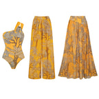 Ensemble Maillot de Bain Une Pièce Épaule Dénudée Imprimé Floral Tropical Jaune Jupe Longue Plage Resort Vacances – Soleiha