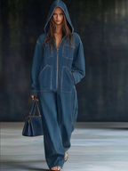 Damen Retro-Jeans-Latzhose mit Kapuze, Reißverschluss und Vintage-Taschen – Blau