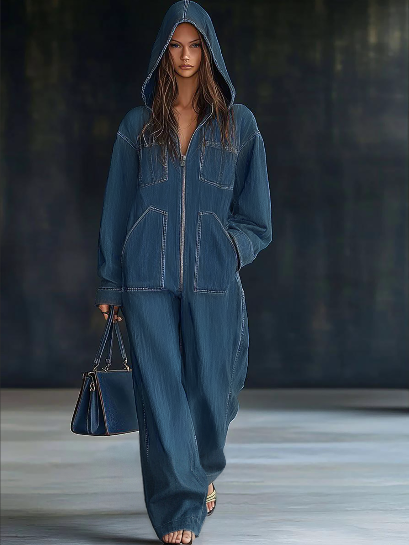 Salopette en Jean Rétro Décontractée Femme à Capuche avec Fermeture Éclair et Poches Vintage – Bleu