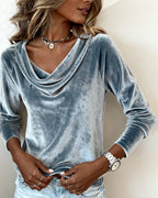 Top de terciopelo con cuello drapeado para mujer, de manga larga, casual, elegante, para uso diario, trabajo, fiesta, vacaciones, festivo, suave – Veloria