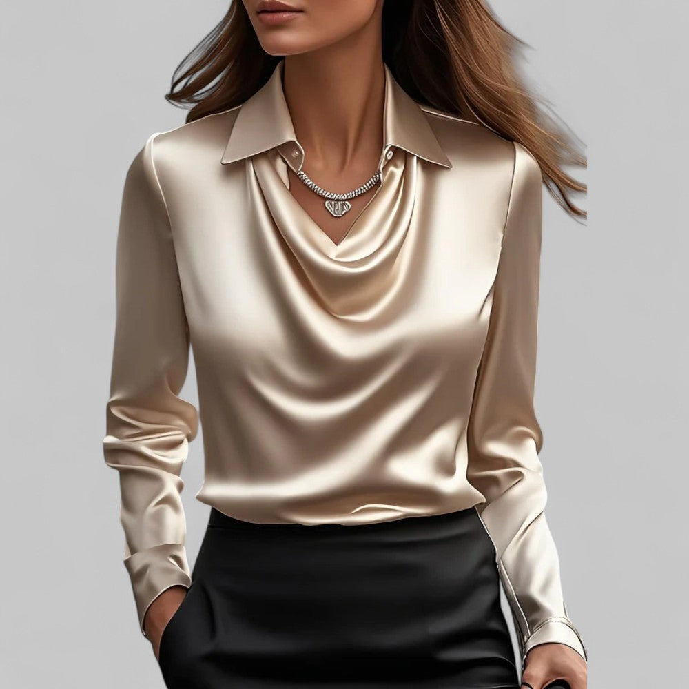 Blouse en Satin Drapé à Col Bateau à Manches Longues pour Femmes Bureau Soirée Élégante Silky Formelle – Rose