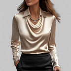 Blouse en Satin Drapé à Col Bateau à Manches Longues pour Femmes Bureau Soirée Élégante Silky Formelle – Rose