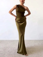 Robe Longue En Satin Plissé à Une Épaule Pour Femme, Élégante, Formelle, Invitée De Mariage, Soirée – Anita