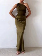Robe Longue En Satin Plissé à Une Épaule Pour Femme, Élégante, Formelle, Invitée De Mariage, Soirée – Anita