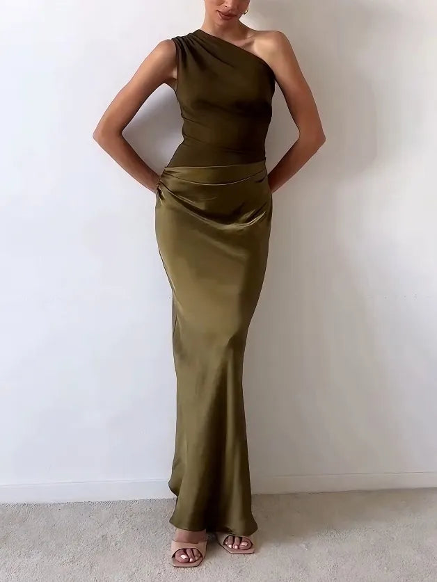 Robe Longue En Satin Plissé à Une Épaule Pour Femme, Élégante, Formelle, Invitée De Mariage, Soirée – Anita