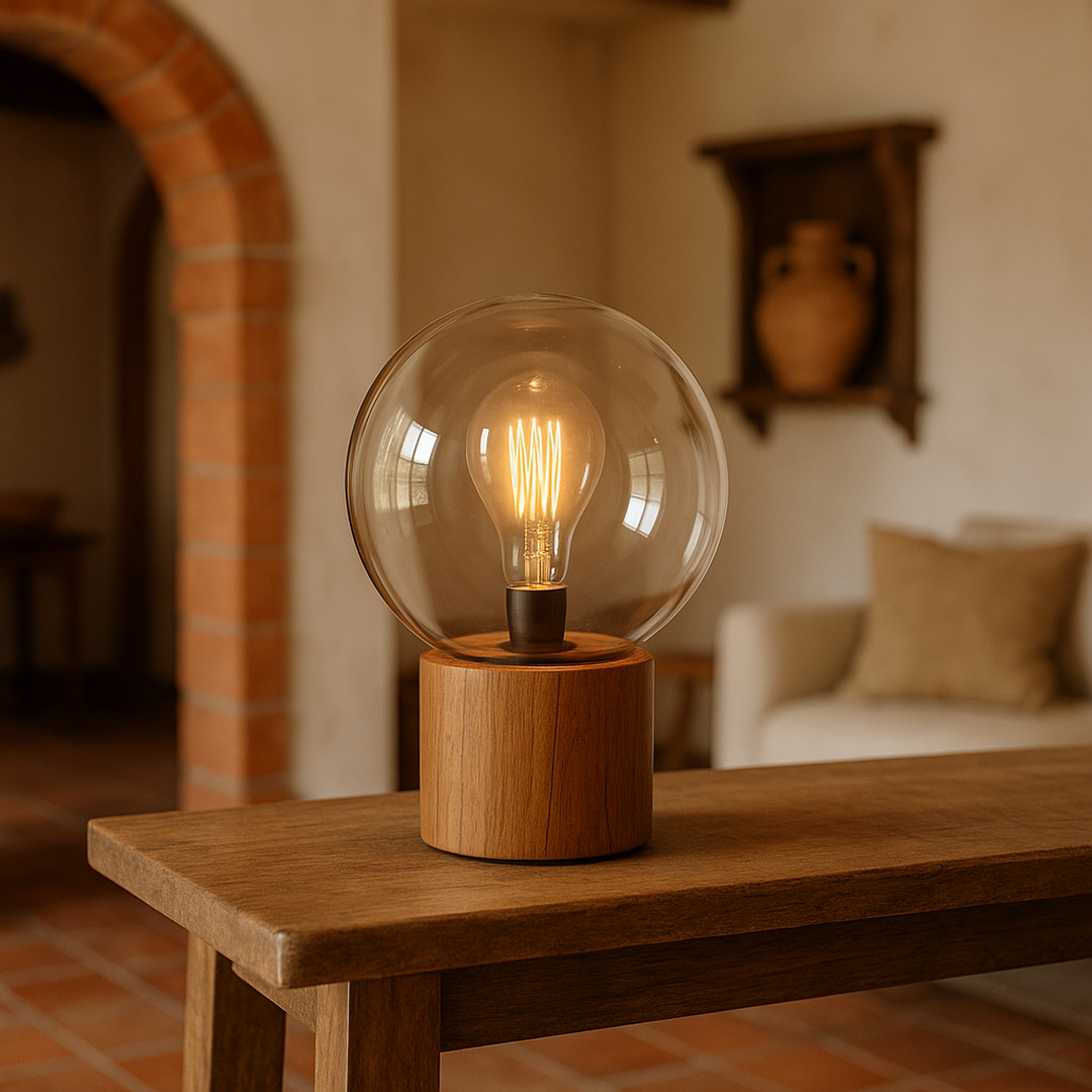 Table Lamp with Glass Globe and Wooden Base