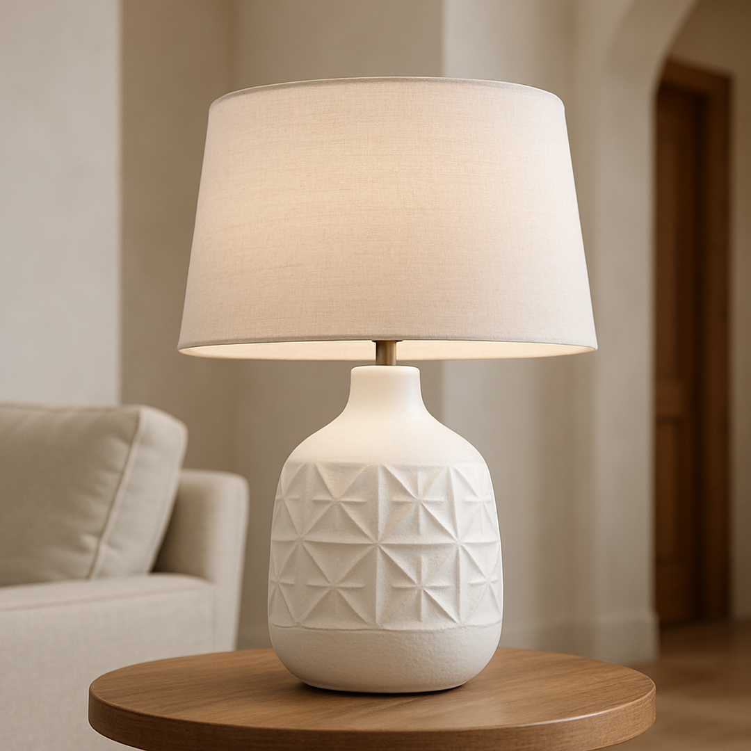 Lampe de Table en Céramique Blanche à Motif Géométrique