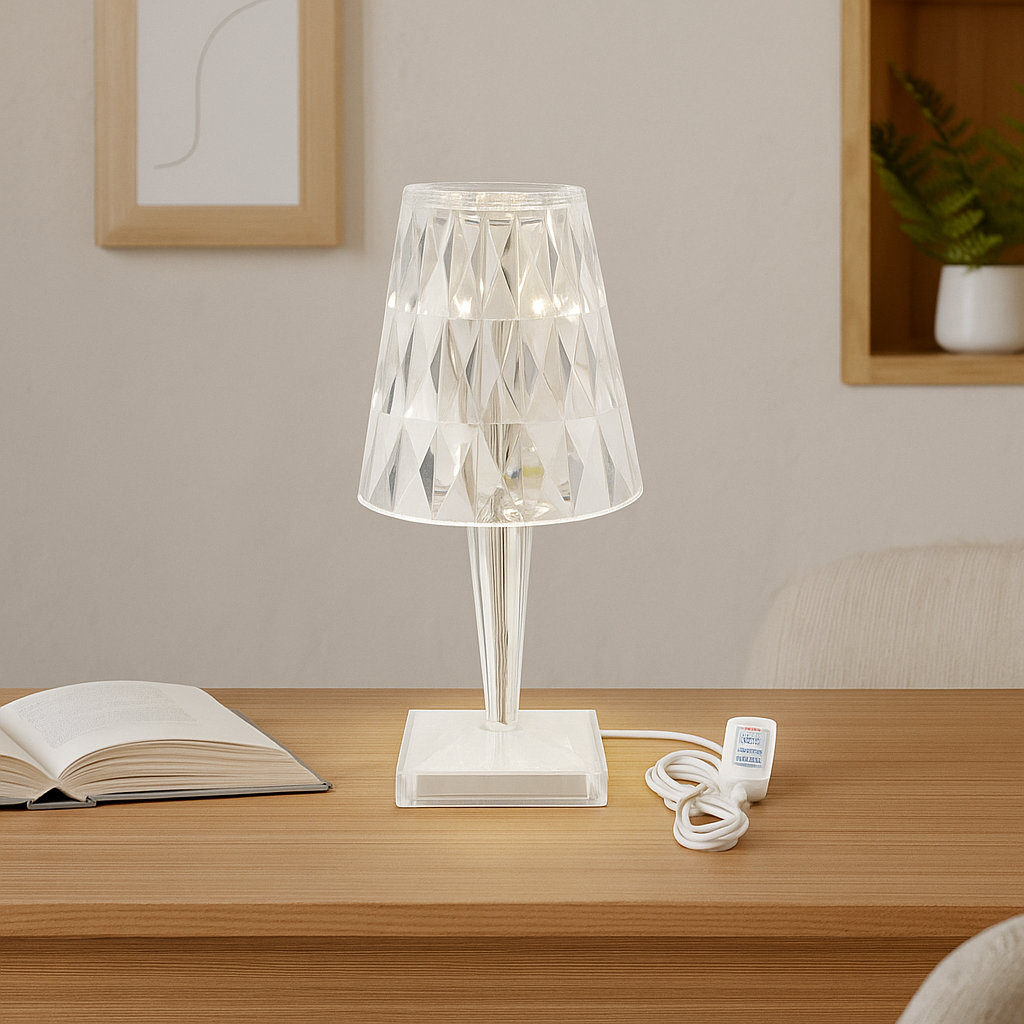 Lampe de Table Décorative en Verre en Forme de Diamant avec Éclairage LED