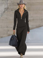 Robe Longue Sportive à Col V Avec Fermeture Éclair Pour Femme à Manches Longues Ajustée Décontractée Formelle de Fête Cowgirl Soirée Élégante