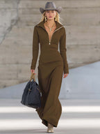 Robe Longue Sportive à Col V Avec Fermeture Éclair Pour Femme à Manches Longues Ajustée Décontractée Formelle de Fête Cowgirl Soirée Élégante