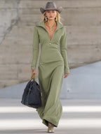 Robe Longue Sportive à Col V Avec Fermeture Éclair Pour Femme à Manches Longues Ajustée Décontractée Formelle de Fête Cowgirl Soirée Élégante