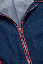 Salopeta de mezclilla casual para mujer estilo retro con cuello y costuras rojas, bolsillos en pierna ancha – Azul