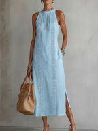 Robe Midi en Lin Minimaliste Rétro Femme Sans Manches Col Haut Détail en Dentelle Décontractée Été Plage Vacances Quotidien – Céleste