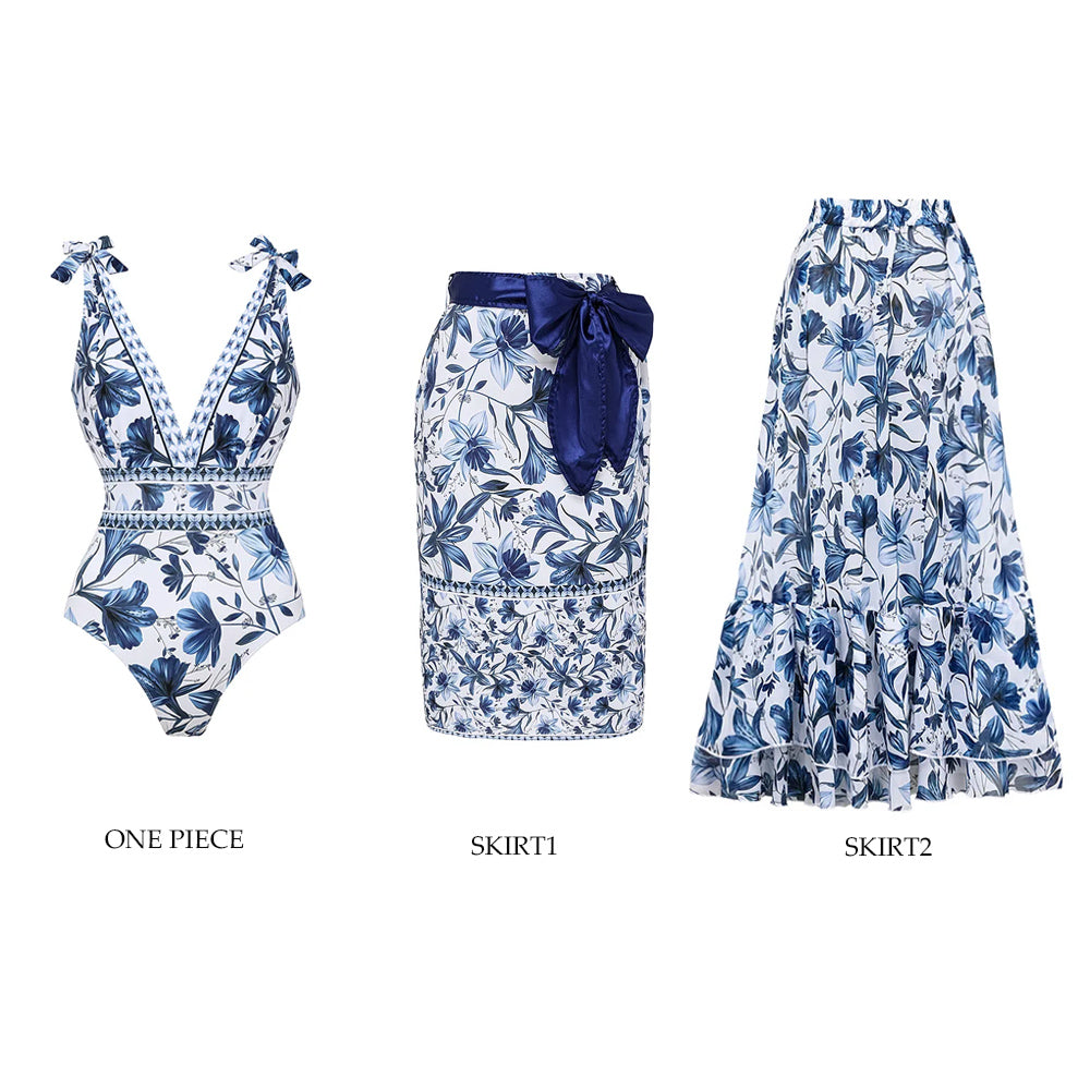 Ensemble Maillot de Bain Une Pièce Col V Lacets Jupe Longue Florale Imprimée Plage Resort Vacances Été – Botanique