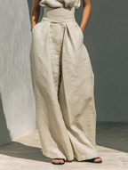 Ensemble Deux Pièces Minimaliste en Coton Lin pour Femmes, Blouse Sans Manches et Pantalon Large, Chic Décontracté – Beige