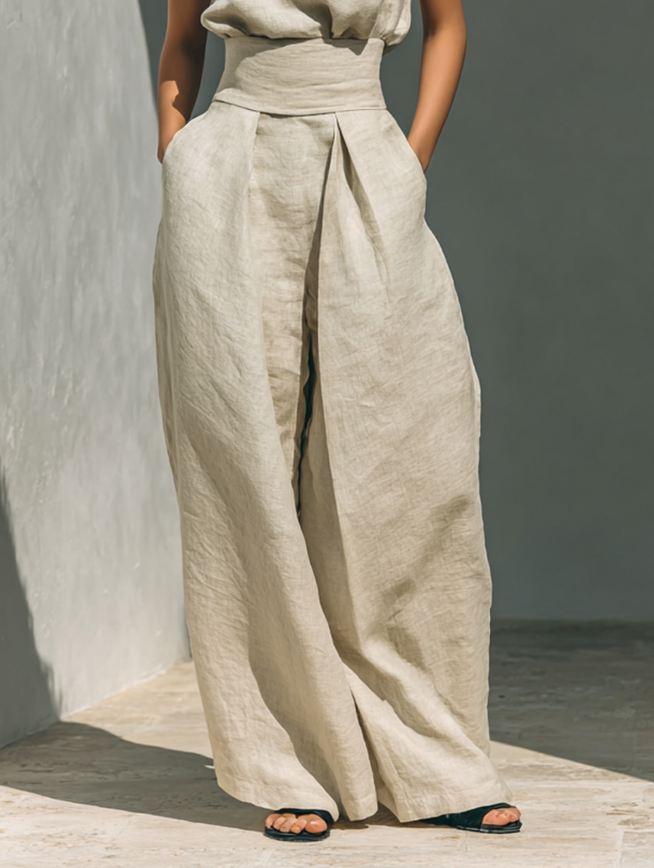 Ensemble Deux Pièces Minimaliste en Coton Lin pour Femmes, Blouse Sans Manches et Pantalon Large, Chic Décontracté – Beige