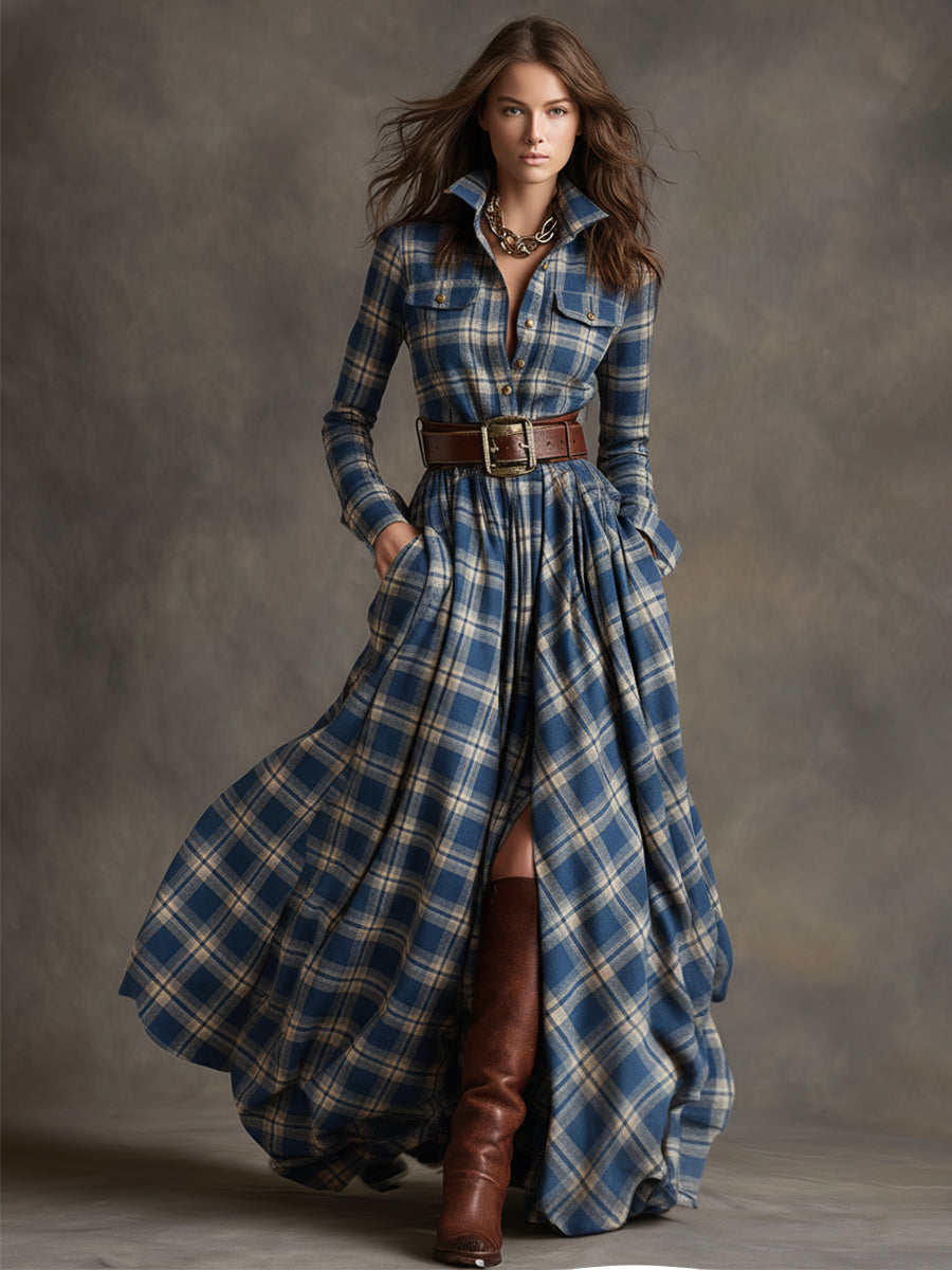 Robe longue décontractée à carreaux ethniques rétro pour femmes avec col, ceinture et manches longues – Marron rougeâtre