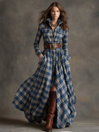 Robe longue décontractée à carreaux ethniques rétro pour femmes avec col, ceinture et manches longues – Marron rougeâtre