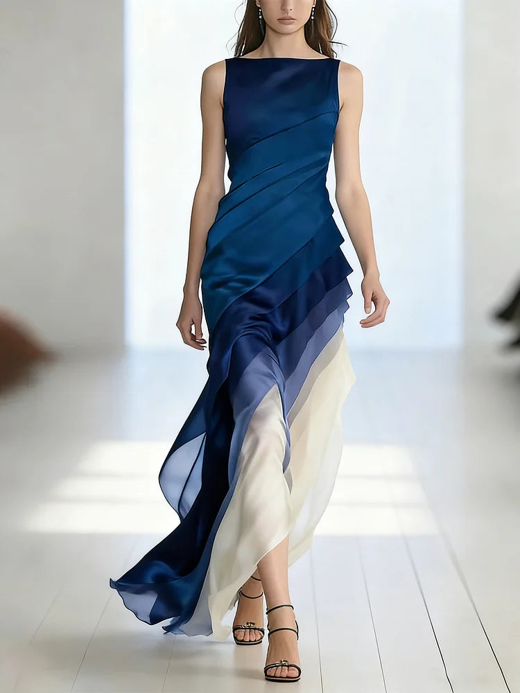 Robe Longue Sans Manches en Tulle Patchwork Taille Haute Jupe Éthérée Soirée Formelle Mariage Gala Événement – Bleu Marine et Noir