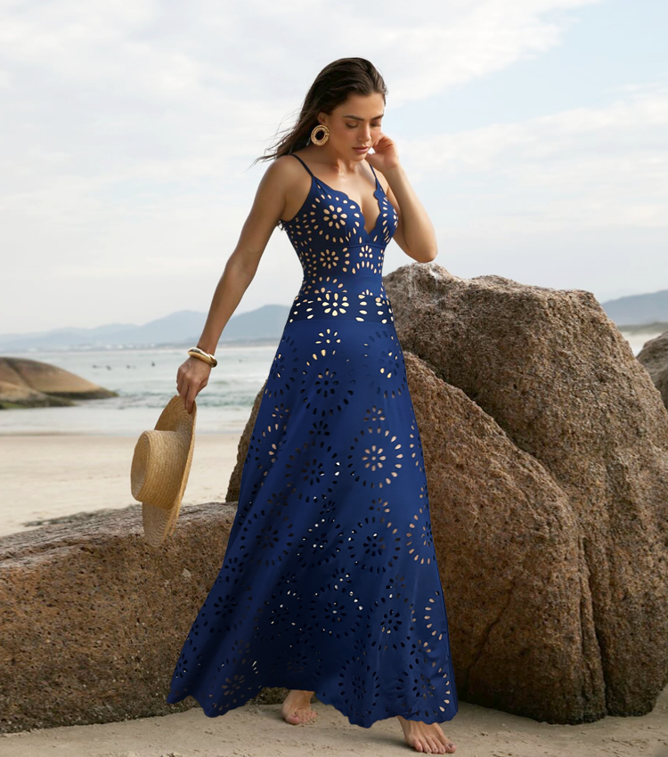 Maillot de bain une pièce en dentelle laser à fleurs creuses pour femmes avec jupe de couverture - Bleu marine