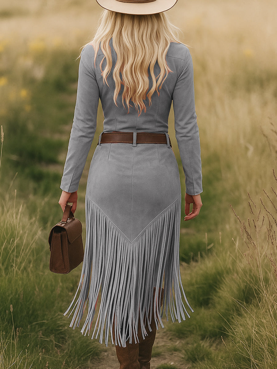 Robe Midi à Franges en Suède Rétro Western pour Femmes, Manches Longues, Col à Revers, Fermeture Éclair, Ceinturée, Silhouette Élancée, Fête Cowgirl, Festival – Tan