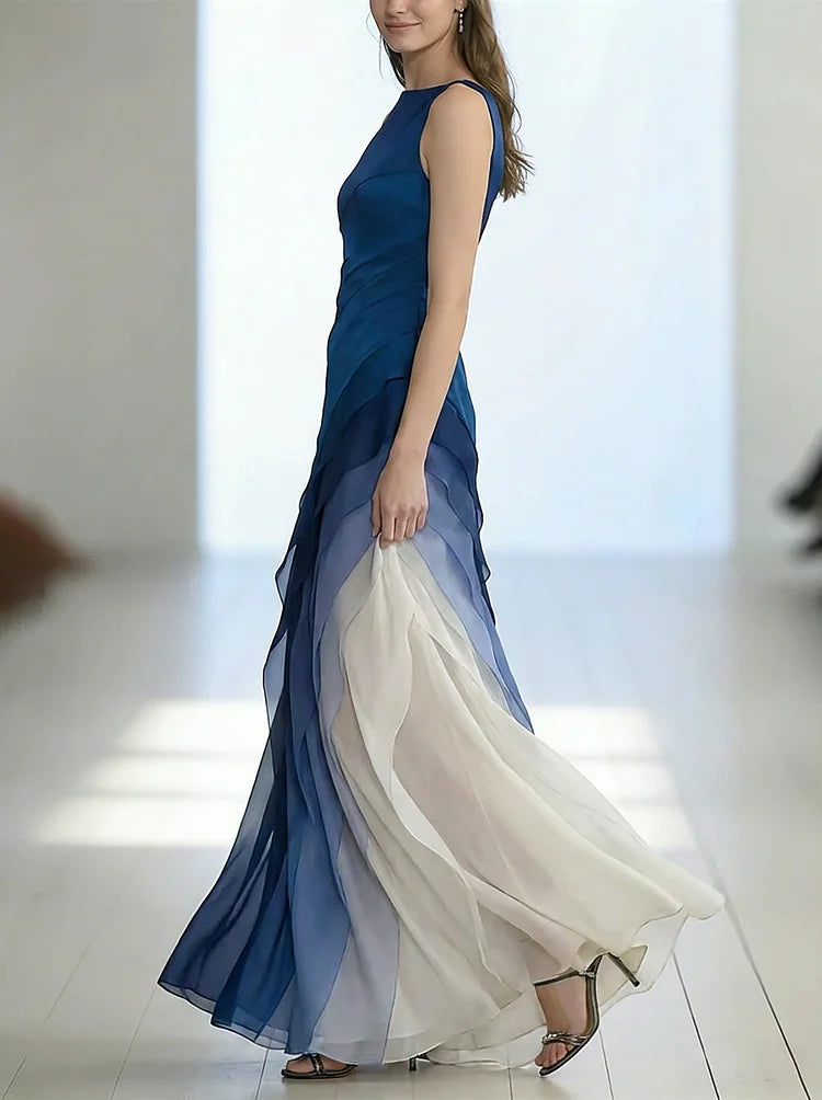 Robe Longue Sans Manches en Tulle Patchwork Taille Haute Jupe Éthérée Soirée Formelle Mariage Gala Événement – Bleu Marine et Noir