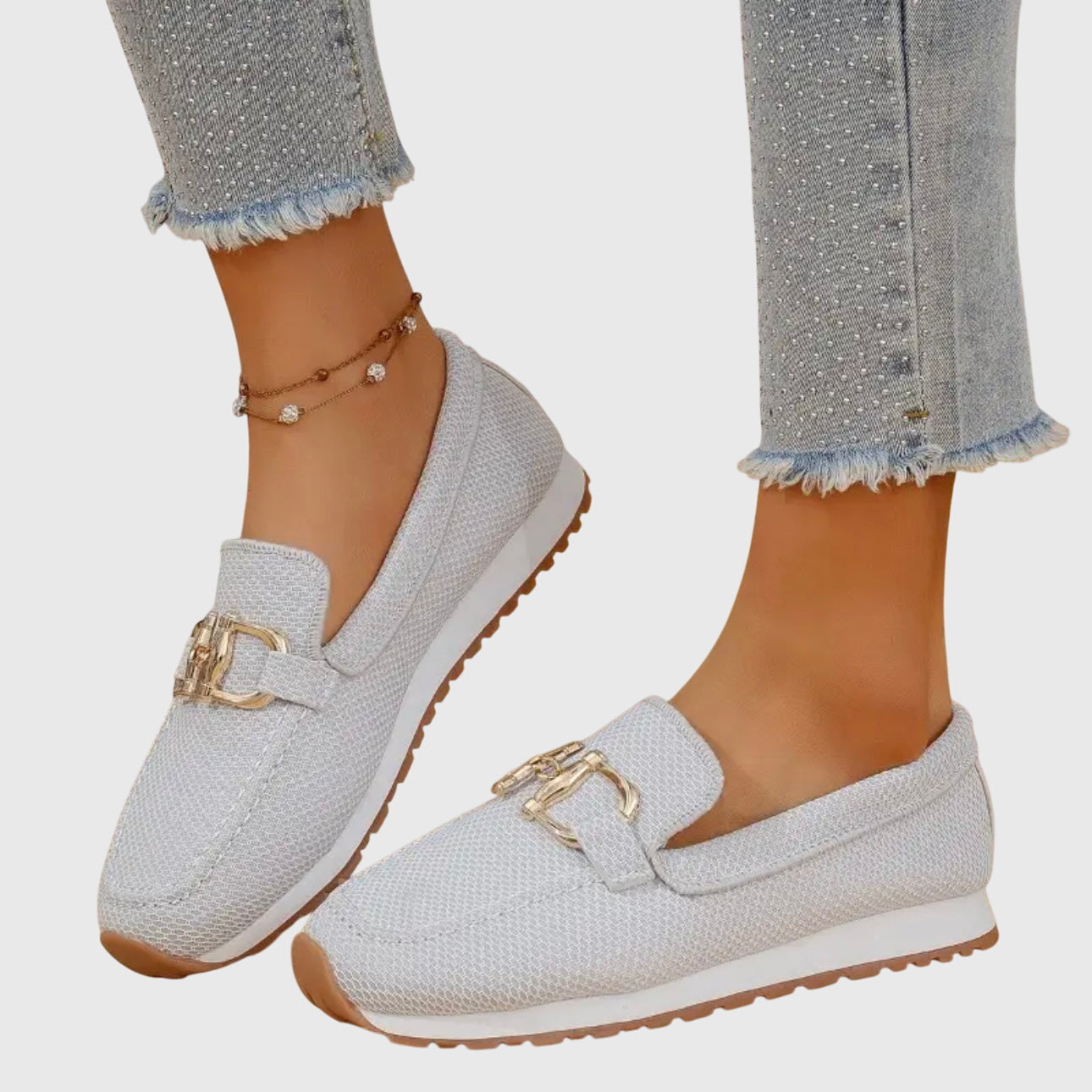 Atmungsaktive orthopädische Mokassins für Damen, zweifarbige goldene Details, leichtes Slip-On – Susana