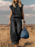 Twee-delig setje met mouwloze top met hoge kraag en wijde broek met hoge taille - Casual, dagelijks, streetwear zomer – Indigo