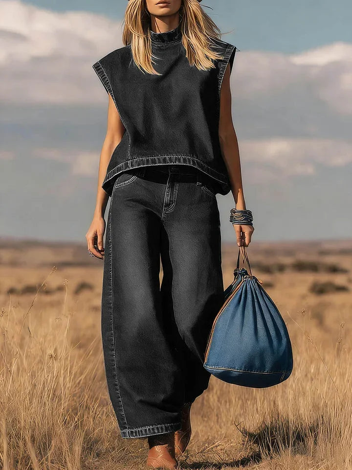Completo due pezzi con top senza maniche a collo alto e pantaloni larghi a vita alta - casual, quotidiano, streetwear estivo – Indigo