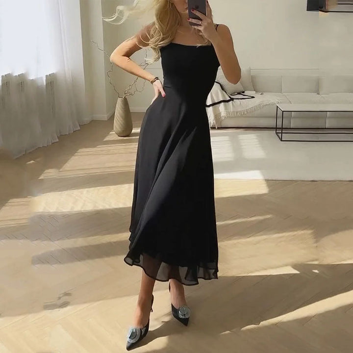 Robe de Soirée Formelle Midi pour Femme Invité de Mariage Décolleté Carré Corsage Ajusté Jupe Fluide Élégante