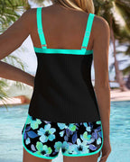 Ensemble de Tankini Femme à Deux Pièces Imprimé Floral avec Short Dos Nu pour Plage, Vacances, Piscine, Été, Station Balnéaire – Soleil