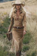 Vestido Midi Vaquera Western Retro para Mujer con Cuello Estructurado, Cierre de Cremallera y Detalles con Flecos – Camel