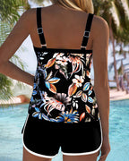 Ensemble de Tankini Imprimé à Encolure U Sans Manches pour Femmes - Haut Botanique Tropical avec Short de Bain pour Plage, Piscine, Vacances, Resort, Été – Botanica