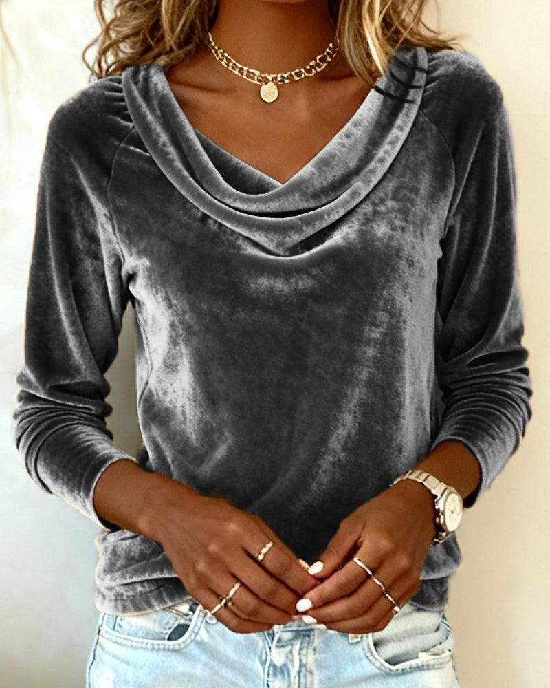 Top de terciopelo con cuello drapeado para mujer, de manga larga, casual, elegante, para uso diario, trabajo, fiesta, vacaciones, festivo, suave – Veloria
