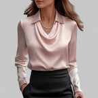 Blouse en Satin Drapé à Col Bateau à Manches Longues pour Femmes Bureau Soirée Élégante Silky Formelle – Rose