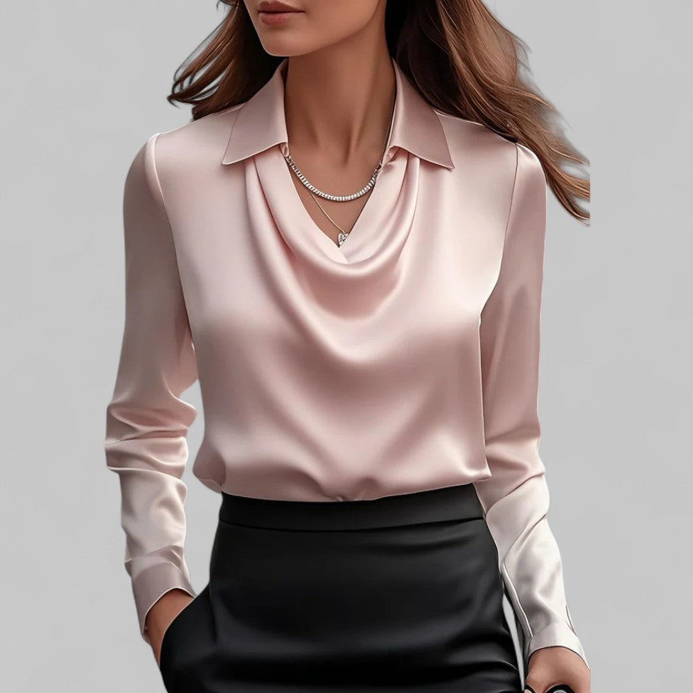 Blusa de satén drapeado con cuello barco y mangas largas para mujer, elegante para oficina y noche, formal y sedosa – Rosa