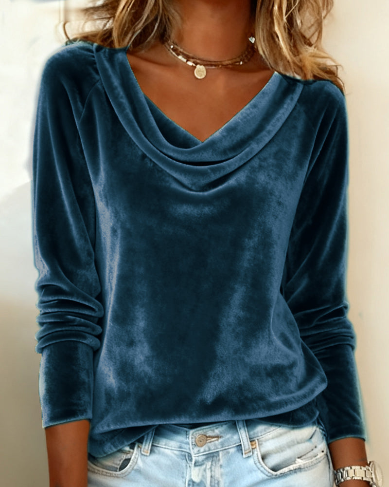 Top de terciopelo con cuello drapeado para mujer, de manga larga, casual, elegante, para uso diario, trabajo, fiesta, vacaciones, festivo, suave – Veloria