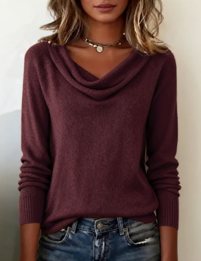 Maglione con collo a scialle per donna a maniche lunghe, casual, quotidiano, lavoro, smart casual, morbido e confortevole – Cassia