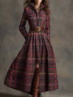 Robe longue décontractée à carreaux ethniques rétro pour femmes avec col, ceinture et manches longues – Marron rougeâtre