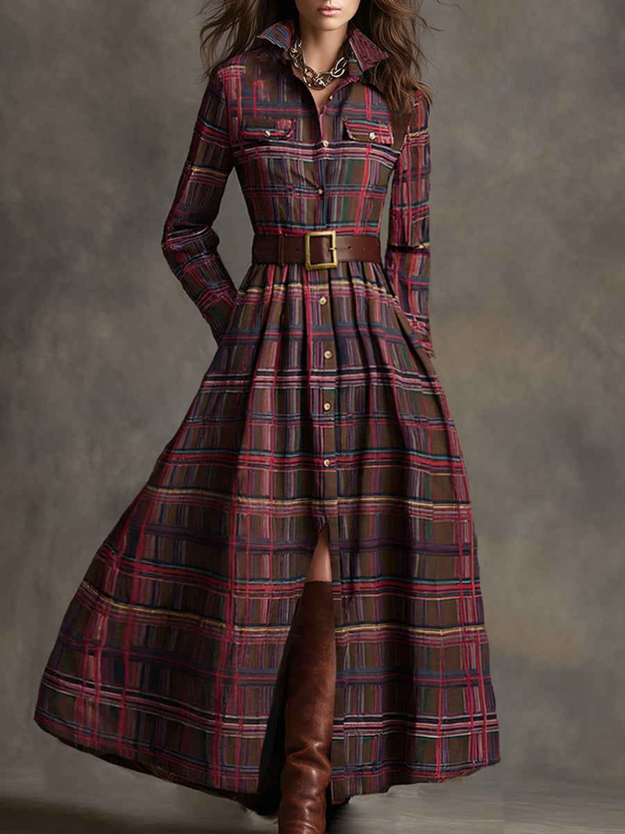 Robe longue décontractée à carreaux ethniques rétro pour femmes avec col, ceinture et manches longues – Marron rougeâtre