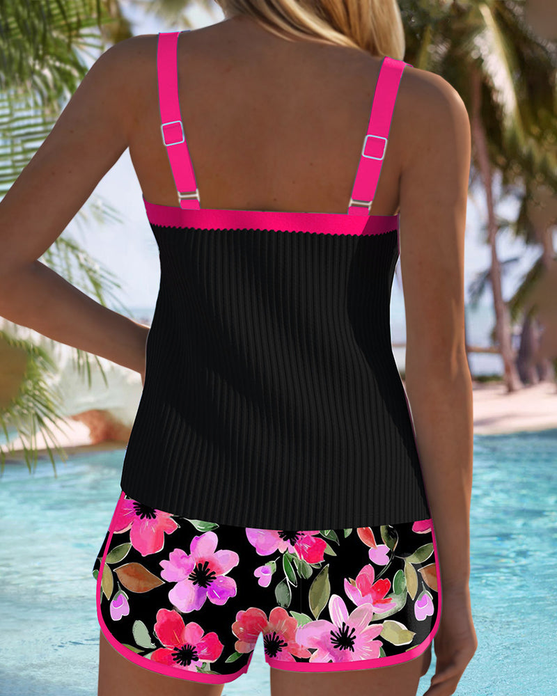 Ensemble de Tankini Femme à Deux Pièces Imprimé Floral avec Short Dos Nu pour Plage, Vacances, Piscine, Été, Station Balnéaire – Soleil