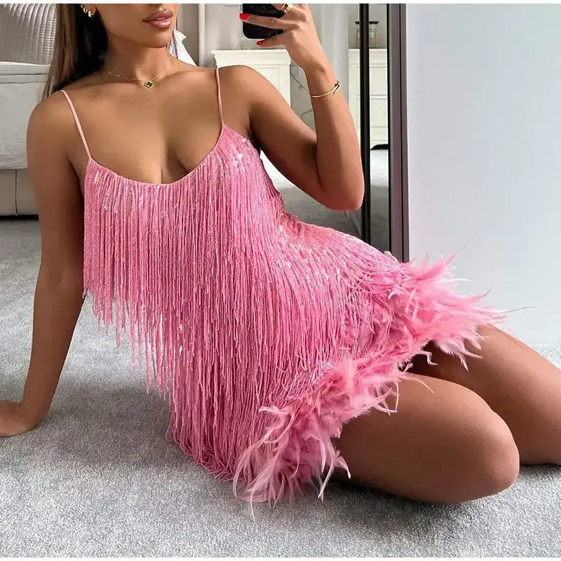Robe Mini Élégante en Sequins avec Plumes Roses à Bretelles Spaghetti pour Soirée Cocktail